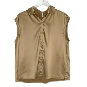 Halara Champagne Satin Sleeveless Button Down Collared Blouse Top L Work